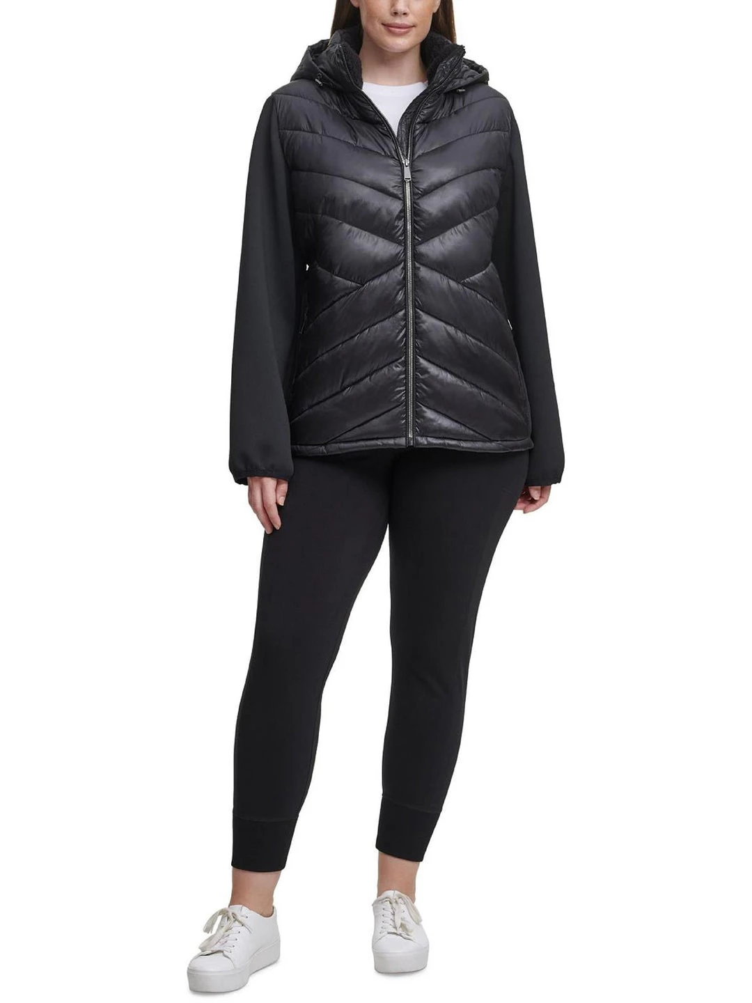 Calvin Klein Performance Plus Womens Patchwork Faux Fur Trim Quilted Coat